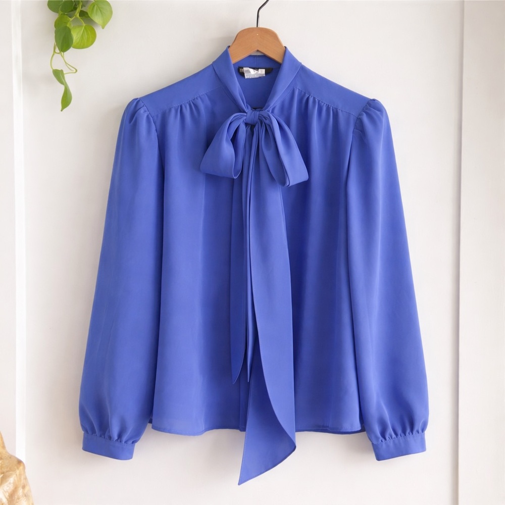 Cobalt blue tie neck blouse • French minimalist • drapey romantic top